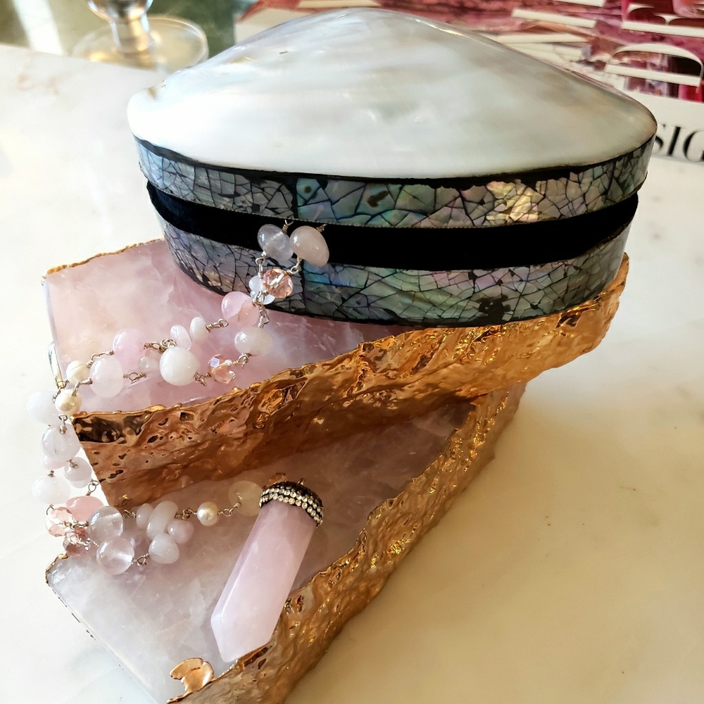 Rose Quartz & Crystal Necklace w Abalone Shell Box